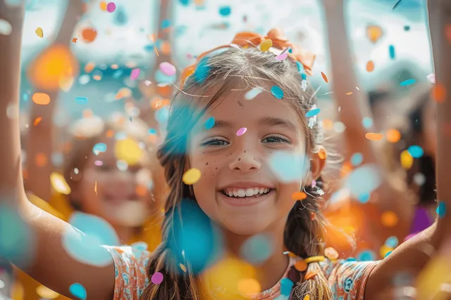 Smiling child with confetti celebration at outdoor school party, sunlight bokeh behind