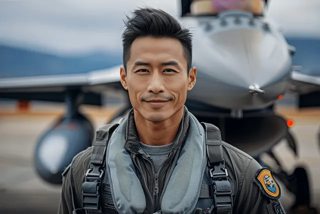 Asian pilot standing in flight suit with fighter jet behind him on airfield tarmac