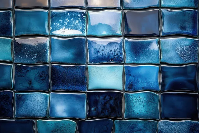 Close-up of a blue ceramic mosaic tile wall with glossy reflections and speckled grout between squares.