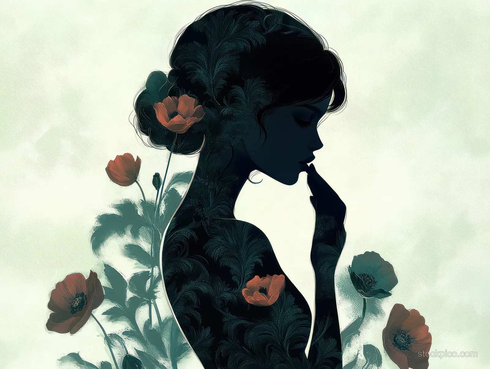 Woman silhouette in profile blending into red poppy flowers and floral patterns on a pale background.