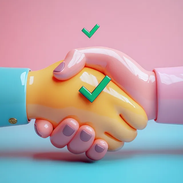 3D cartoon handshake between two colorful hands with checkmarks, signaling success