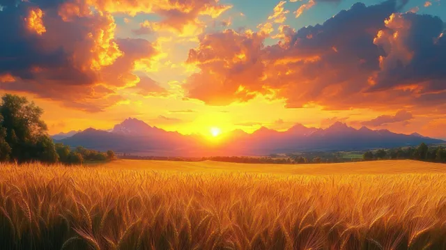 Golden wheat field rippling in warm sunset light with dramatic orange clouds and distant mountains