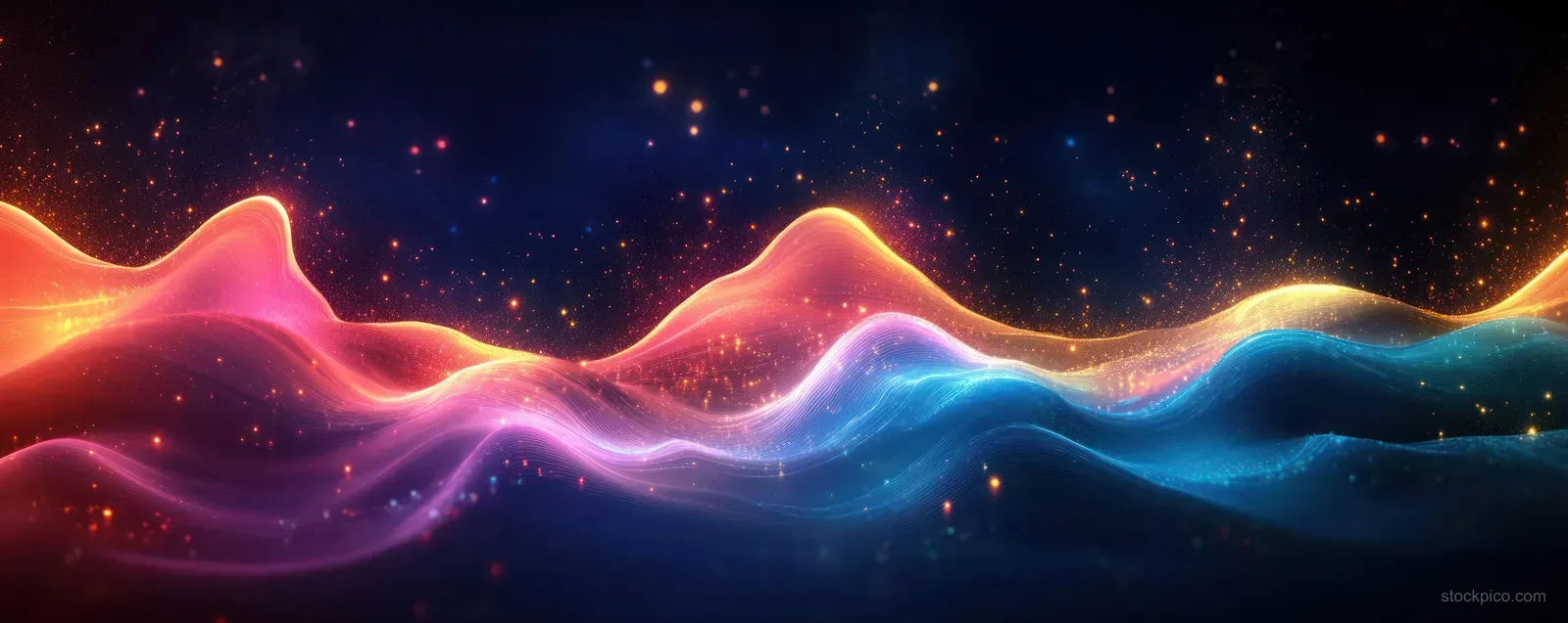 Neon wave ribbons glow on a dark cosmic background with floating light particles and light trails.