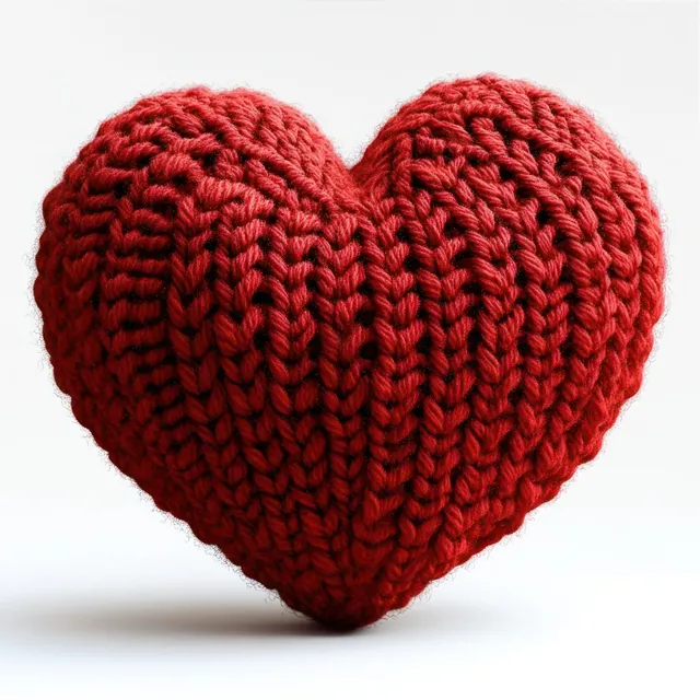 Red knitted heart with thick yarn stitches and plush texture isolated on a white background.