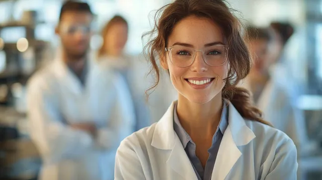 Smiling female scientist in lab coat with glasses in sharp focus, team blurred behind
