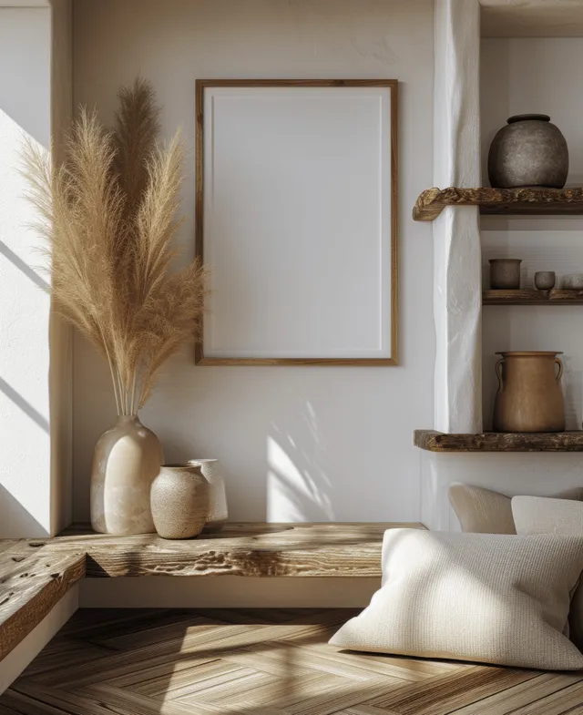 Boho living room corner with a blank poster frame above a wooden ledge and pampas grass in a vase.