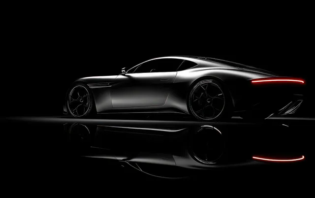 Side view of a black sport car silhouette with red underglow and reflections on a dark background.