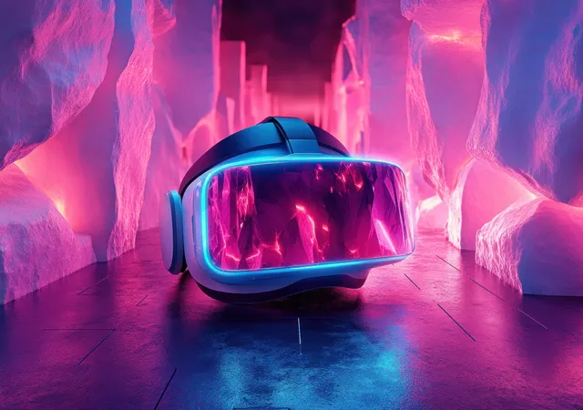 A VR headset with a glowing visor rests on a platform inside neon pink icy cyberspace.