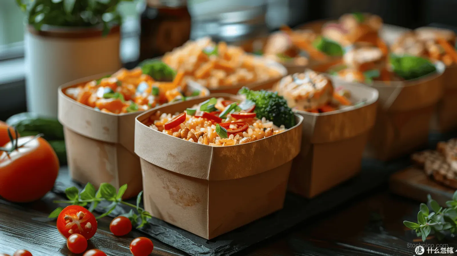 Woman holds an eco-friendly paper box of colorful Asian lunch while other takeout boxes sit on an office table.
