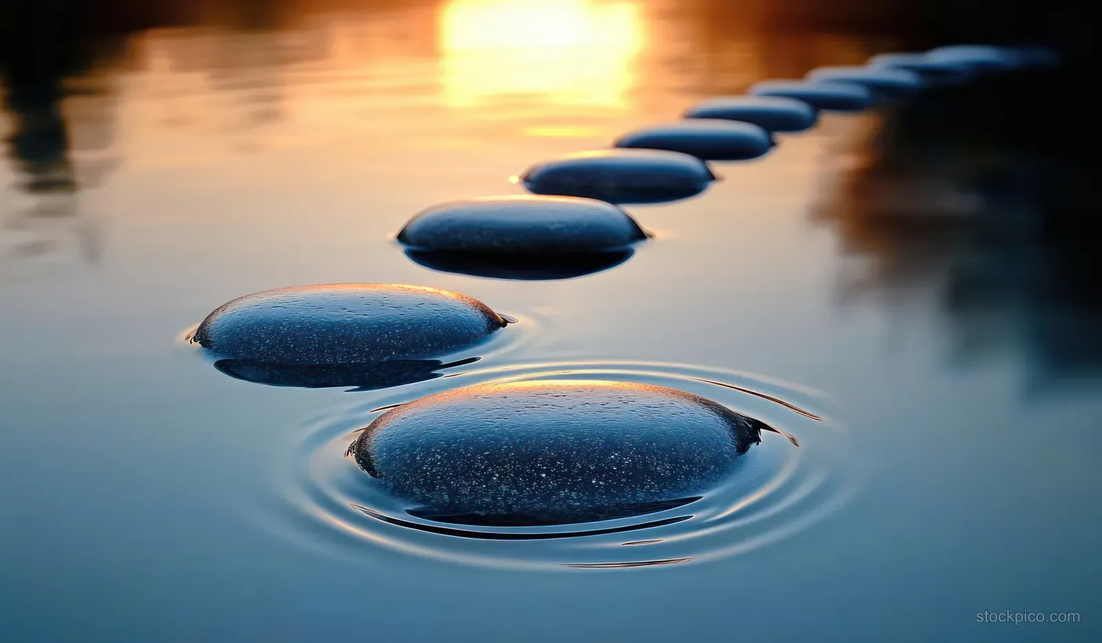 Smooth river stones sit in calm sunset water with delicate ripples and warm golden reflections.