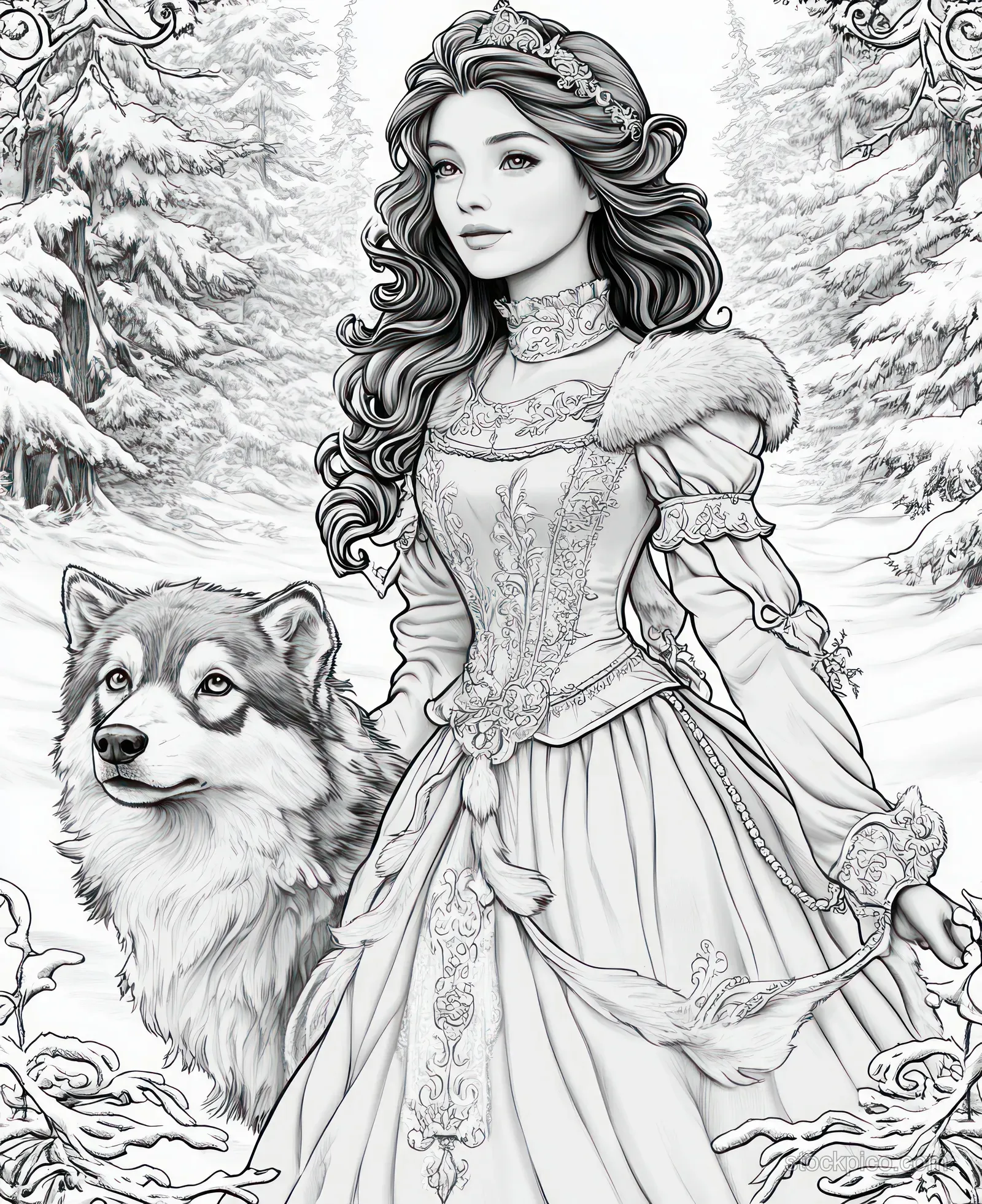 A young woman in ornate medieval dress stands beside a wolf among tall pine trees in a snowy forest.