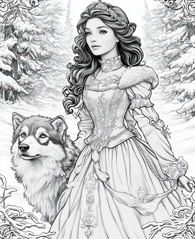 A young woman in ornate medieval dress stands beside a wolf among tall pine trees in a snowy forest.