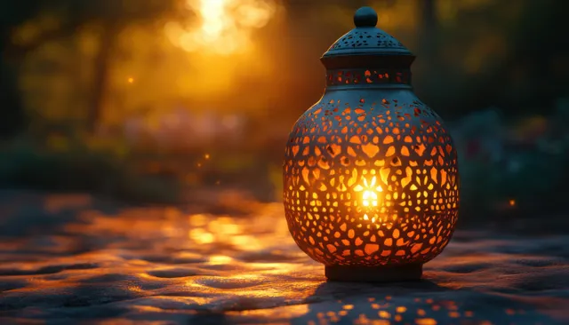 Warm golden Ramadan lantern light casts intricate patterned shadows on a textured surface.