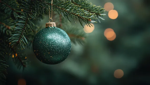 A green glitter Christmas ornament hangs on a pine branch with soft glowing bokeh lights behind.