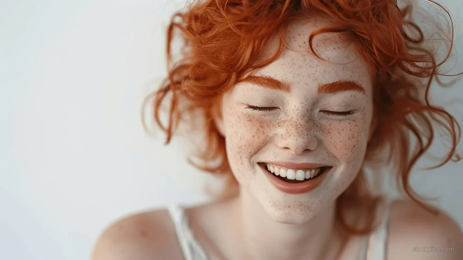 Red-haired girl laughs with eyes closed and freckled cheeks in soft light.