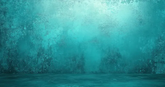 Teal and aqua weathered wall texture with soft haze and a minimal empty floor for backgrounds.