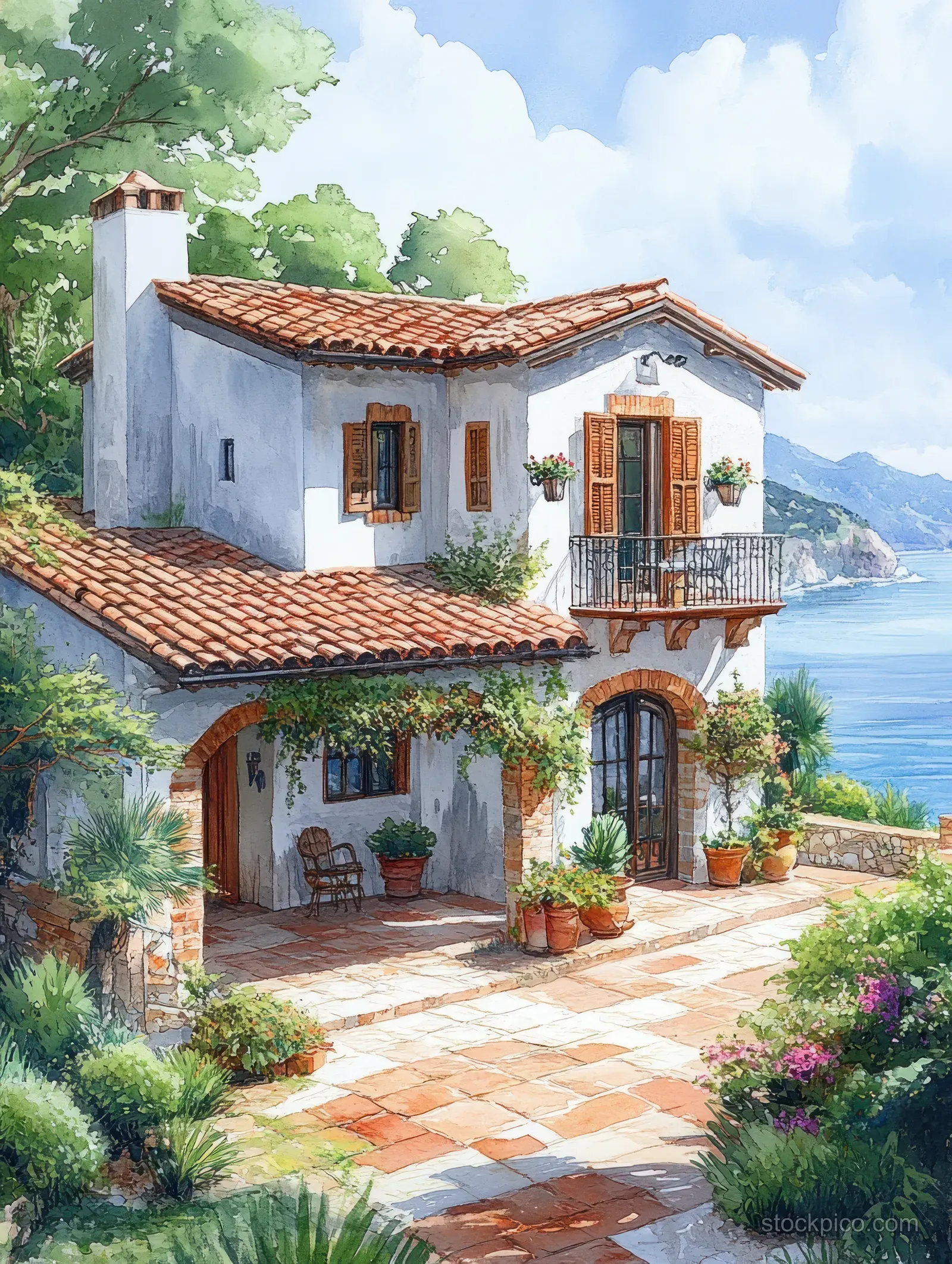 Watercolor painting of a Mediterranean villa with terracotta tiles, blooming garden plants, and a distant seaside view.