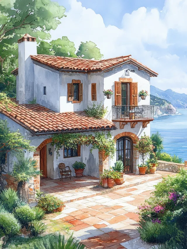 Watercolor Mediterranean villa on a sunlit terrace, flowering garden and sea view