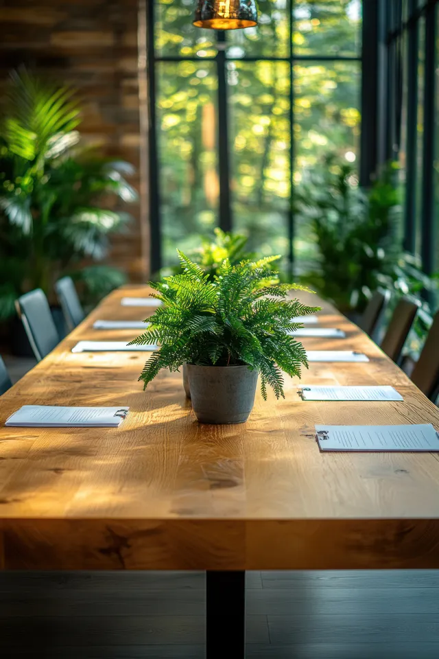 Sunlit conference room table with a potted fern, printed marketing charts, and open laptops facing forward.