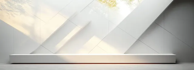 Minimalist white geometric wall with diagonal sunlight beams casting shadows over a clean platform.