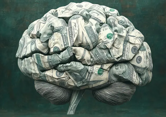 Hands cradling a brain-shaped bundle of banknotes, teal background with surreal financial detail