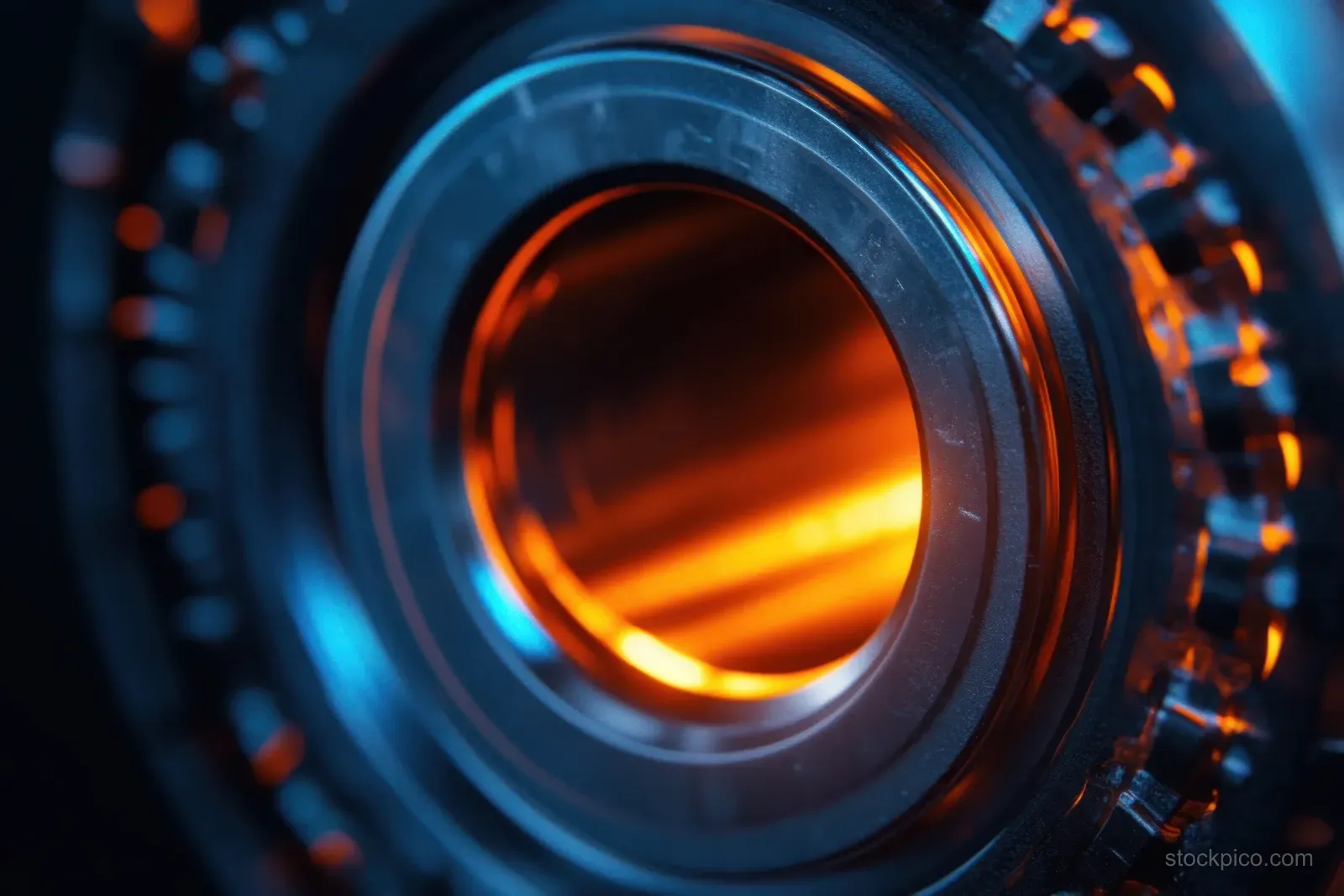 A macro view of a circular mechanical bearing with an orange glow shining through its center and blue metallic reflections.