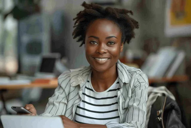 Smiling businesswoman uses a smartphone and laptop while seated at her desk in a softly lit office.