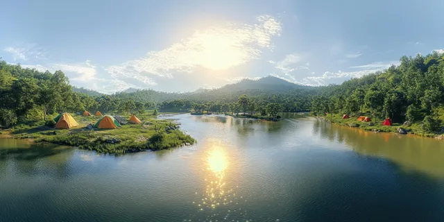 Drone aerial over Sermo Lake Yogyakarta at sunrise with colorful campsite tents and reflections