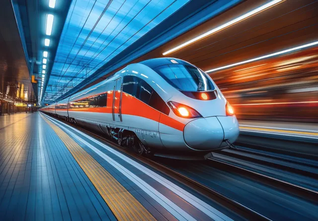 High-speed train arrives at futuristic station platform, streaked lights and motion blur