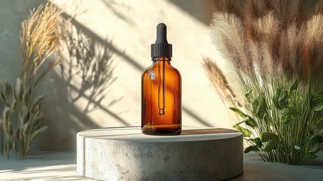 Amber dropper bottle on a concrete pedestal with one suspended drop and ornamental grasses in sunlit shadow.