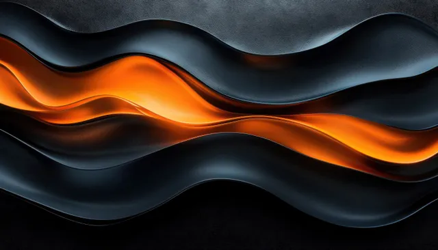 Glossy abstract background with flowing black wave curves and glowing orange highlights.