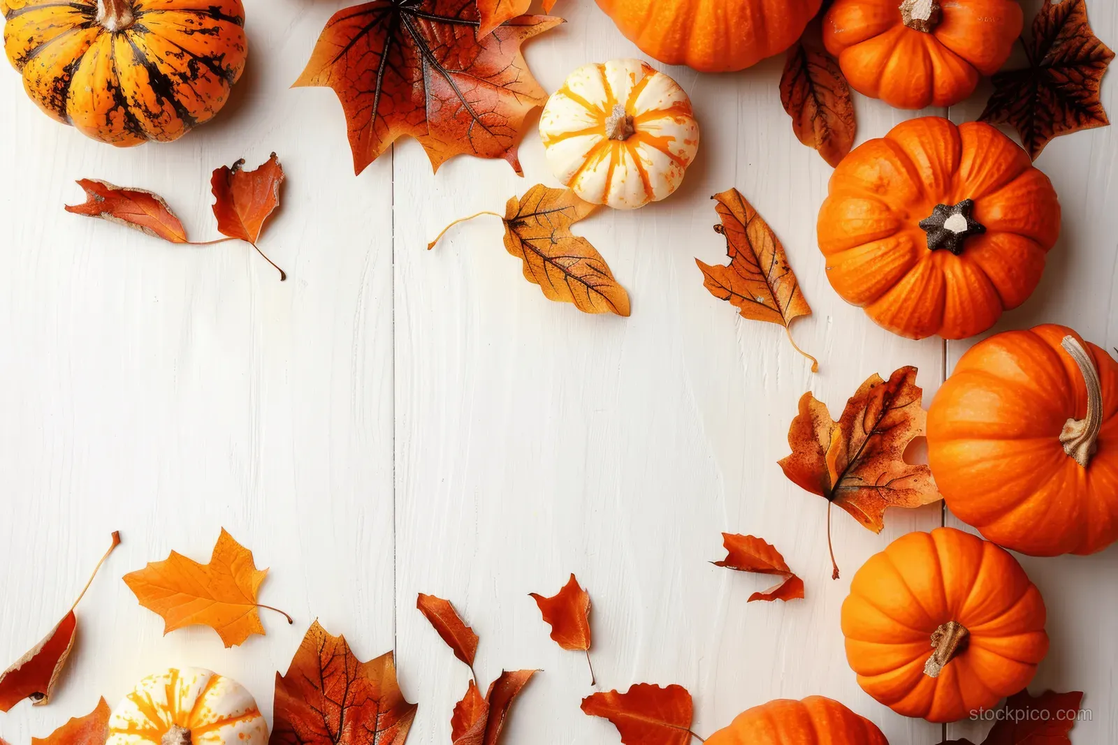 Orange pumpkins and red maple leaves scattered around the borders on a white background.