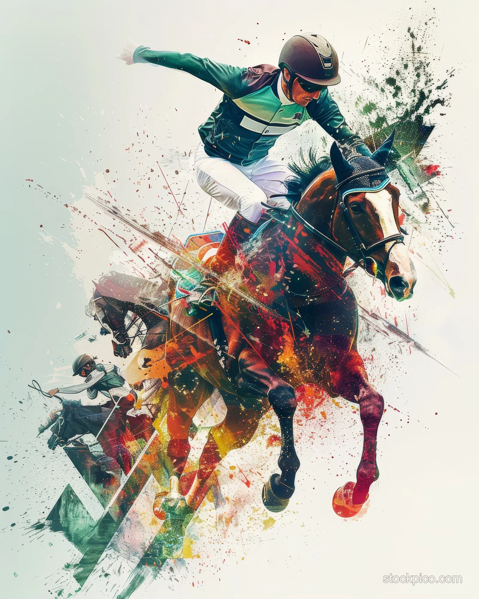 A modern pentathlete in motion with splashing color bursts, fencing cues, and a horse silhouette collage.