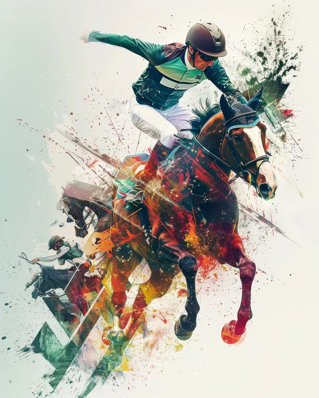A modern pentathlete in motion with splashing color bursts, fencing cues, and a horse silhouette collage.