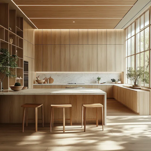 Bright modern kitchen with wood cabinets, a marble island and stools, tall windows, and potted plants.