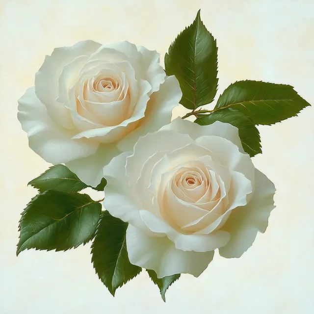 Dos rosas blancas cremosas con hojas verdes sobre un fondo beige suave.