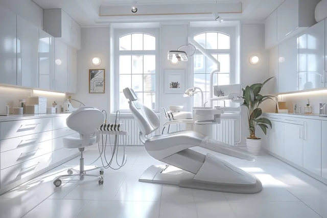 Empty dental clinic room with white equipment and a treatment chair under bright window light.