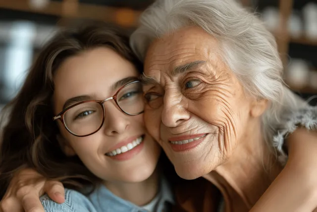 Adult daughter hugs and kisses laughing elderly mother in cozy kitchen, joyful family moment