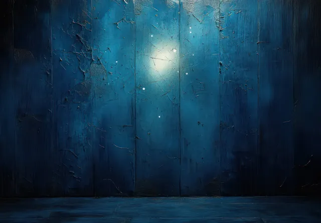 Dark blue wooden wall with vertical planks, scratch marks, and a bright glowing spot in dim lighting.