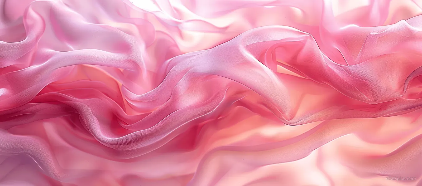 Pastel pink satin fabric background with smooth wavy folds and flowing draped ripples.