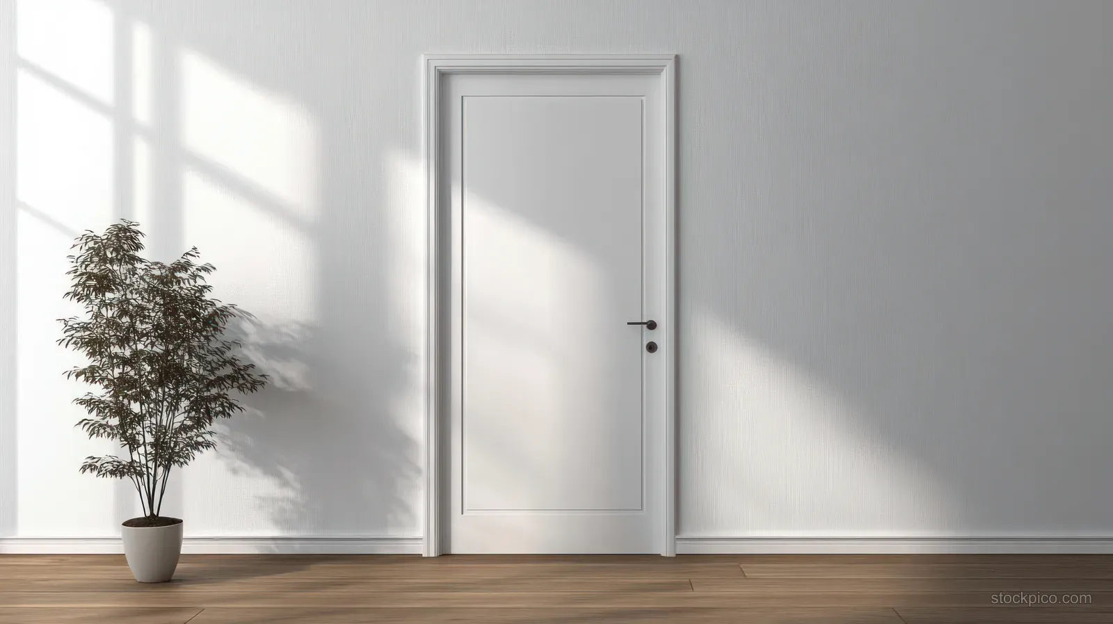 Closed white interior door in a bright Scandinavian room with soft sun shadows and wooden floors.