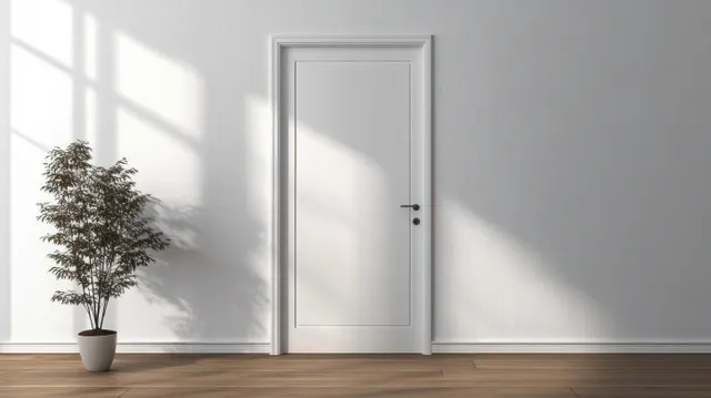 Closed white interior door in a bright Scandinavian room with soft sun shadows and wooden floors.