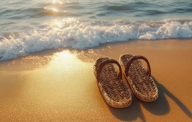 Woven sandals rest on golden sand beside foaming ocean waves under sunset sunlight.