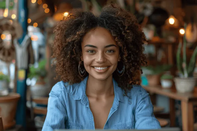 Smiling businesswoman video-calling on a laptop outdoors with warm streetlight bokeh in the background.