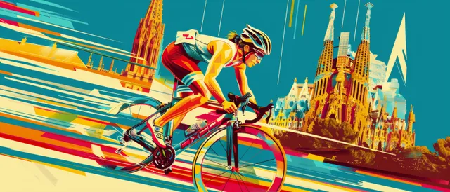 Triathlete switching from cycling to running with vivid motion lines over Spanish cathedral skyline