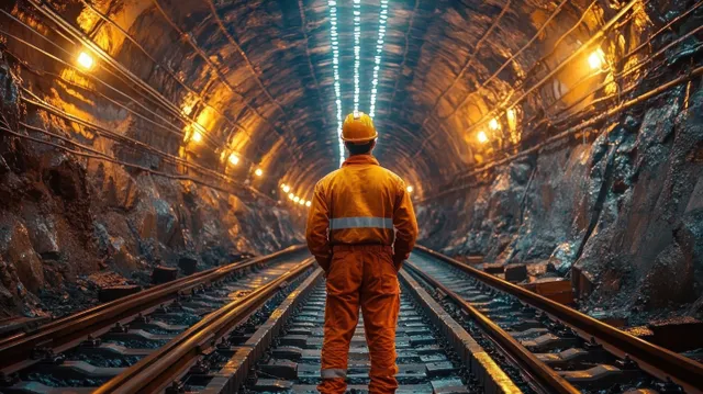 Underground railway worker in orange safety gear standing on tracks under mixed warm and cool tunnel lights