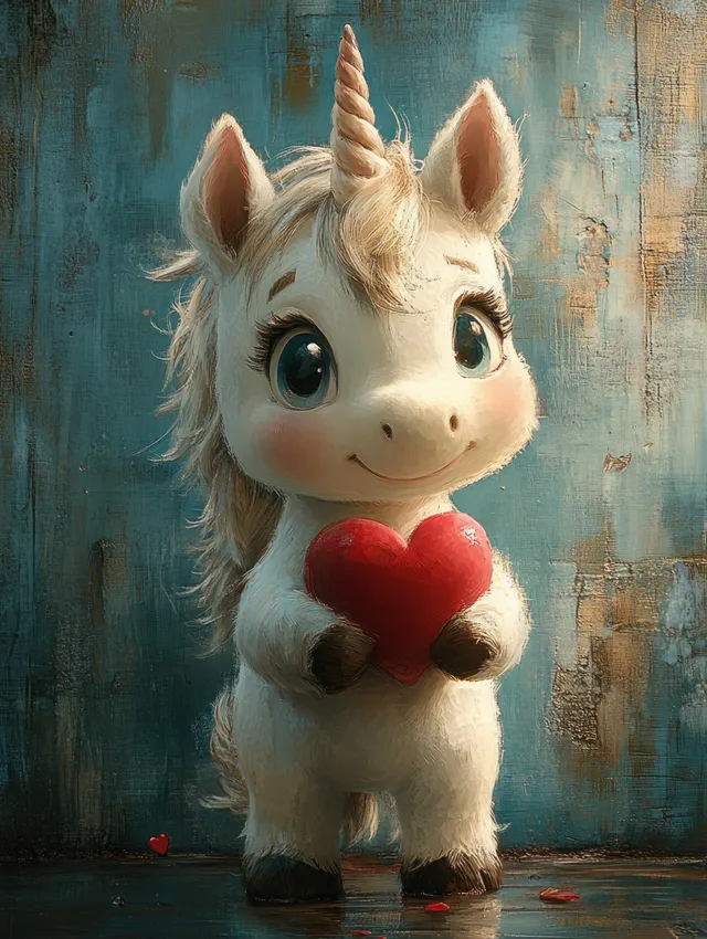 A pastel unicorn in a whimsical teal scene holds a red heart with soft lighting.