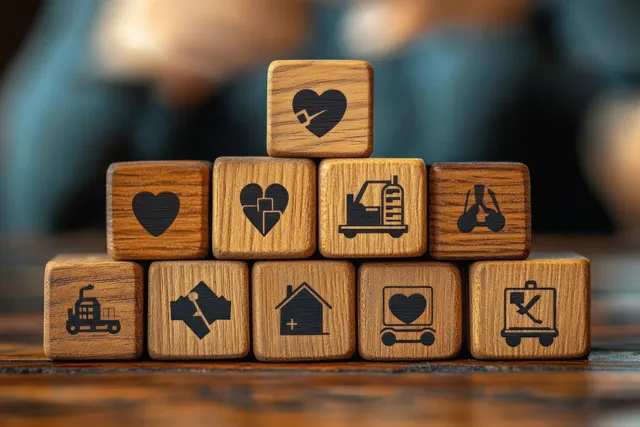 Stacked wooden blocks display black health and medical icons, including heart and hospital symbols, on a desk with blur background.