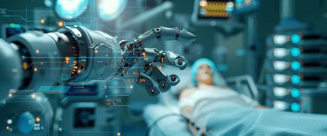 Futuristic medical robot performing precision surgery beside holographic control panels