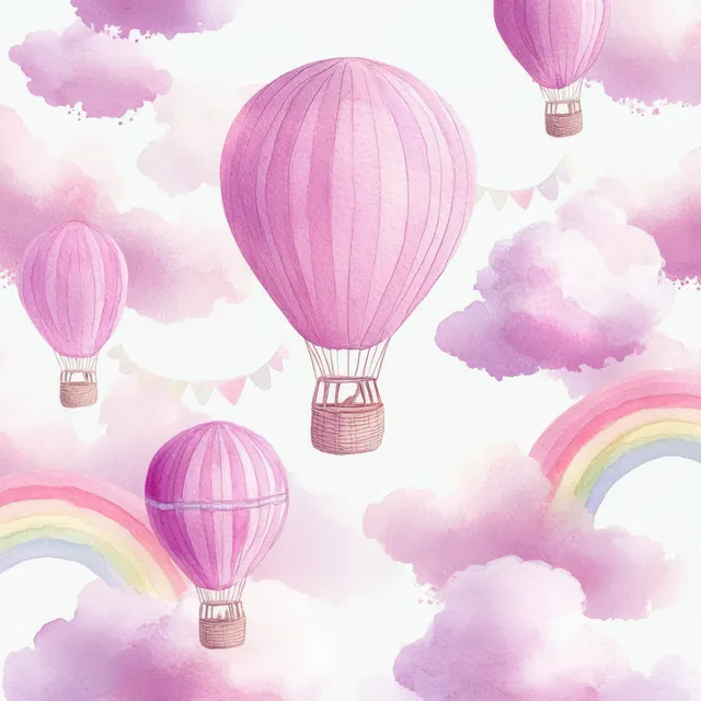 Whimsical watercolor hot air balloons float through dreamy clouds with soft rainbow arcs